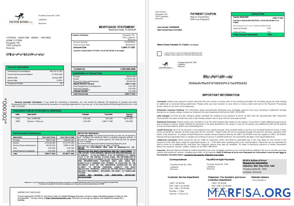 Printable Slovenia Factor banka mortgage statement in Word and PDF formats download for verification
